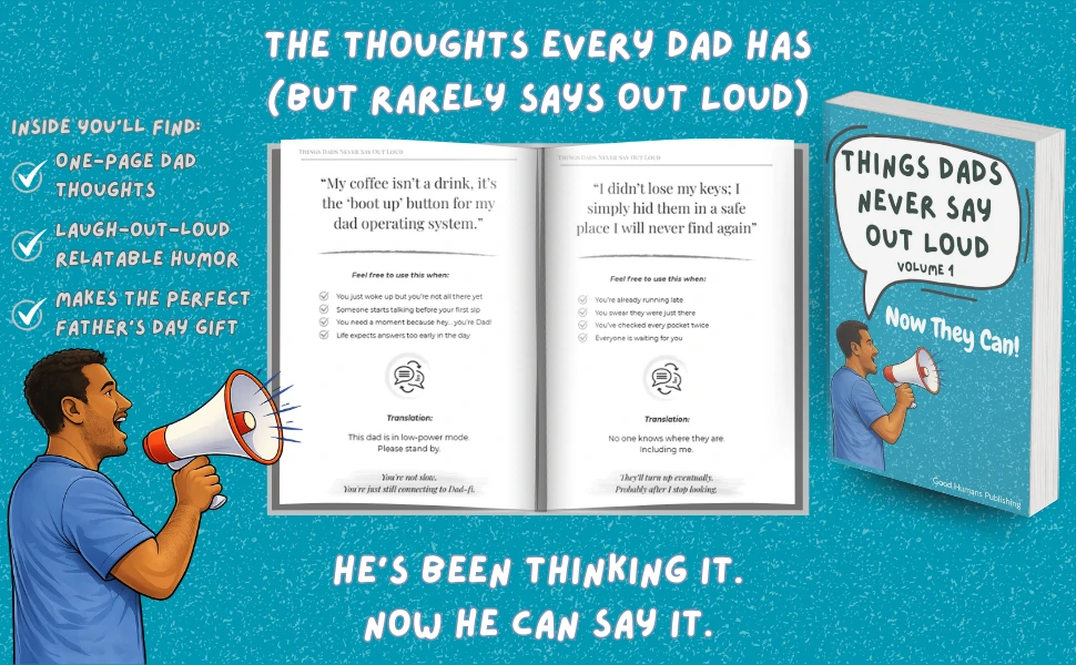 Dad smiling while reading a funny and thoughtful gift book for fathers
