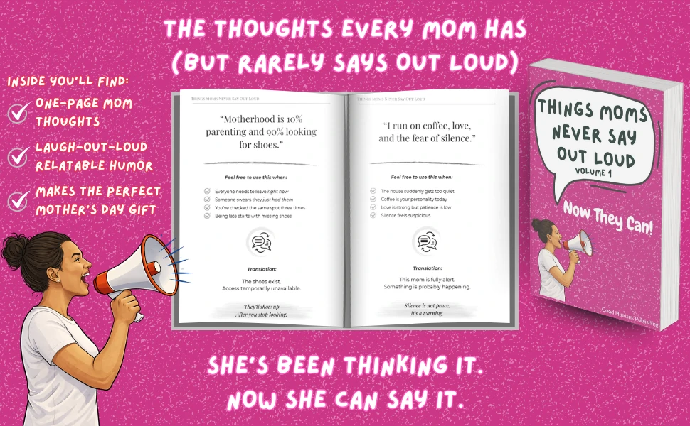 Mom laughing while reading a humorous parenting book for mothers