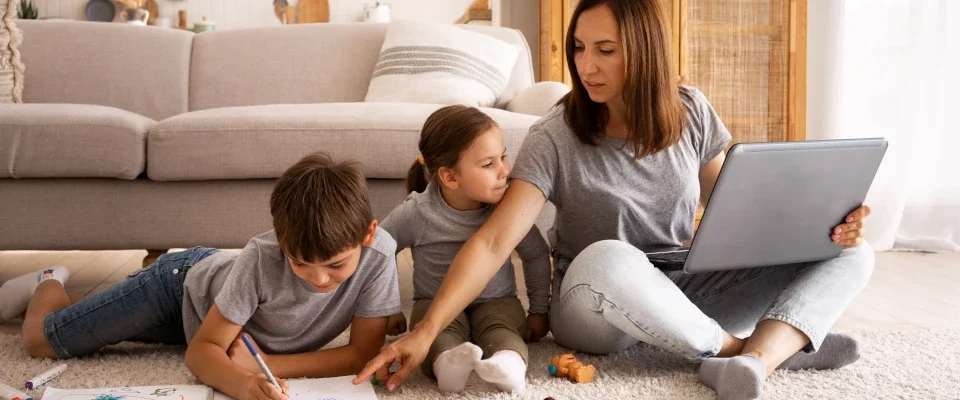 full shot woman working from home with kids