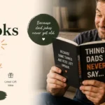 Dad smiling while reading a funny parenting book, perfect humorous books for dads and gift ideas for fathers