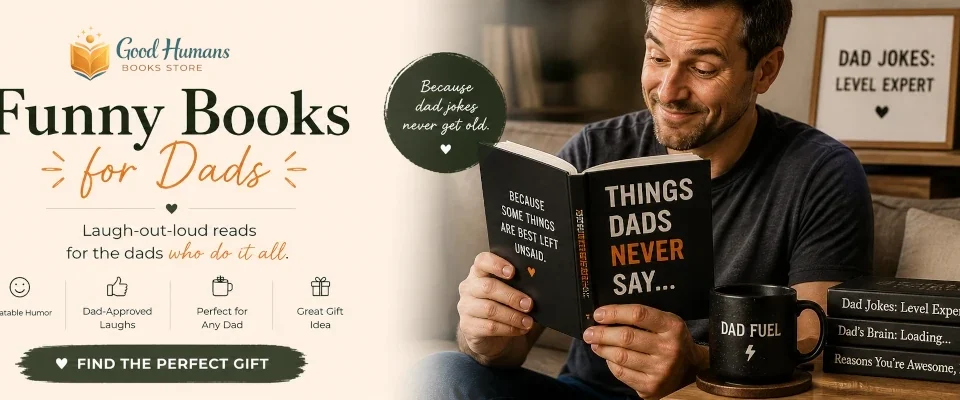 Dad smiling while reading a funny parenting book, perfect humorous books for dads and gift ideas for fathers