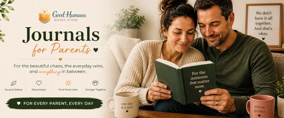 Parents reading and writing together in guided journals, journals for parents focused on reflection, gratitude, and connection