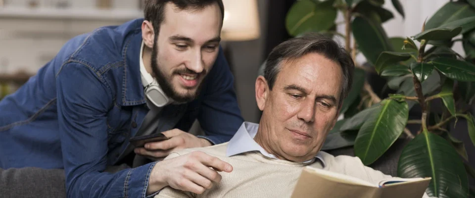 father son reading book