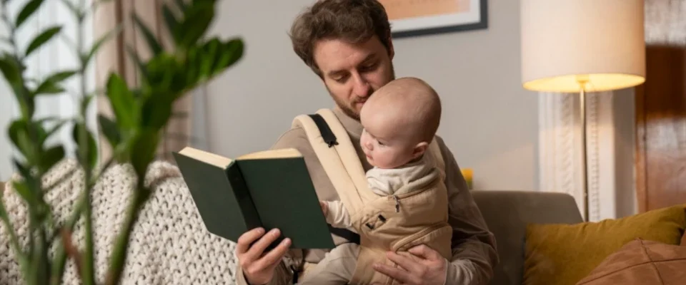 Father holding baby and reading front view