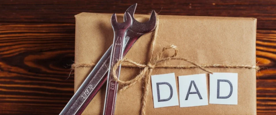 Fathers day composition with tools on box